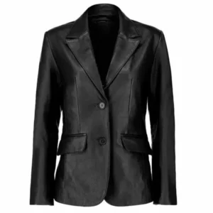 womens two button real black leather blazer