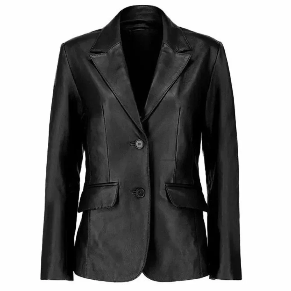 womens two button real black leather blazer