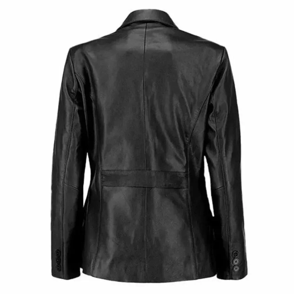 womens two button real black leather blazer