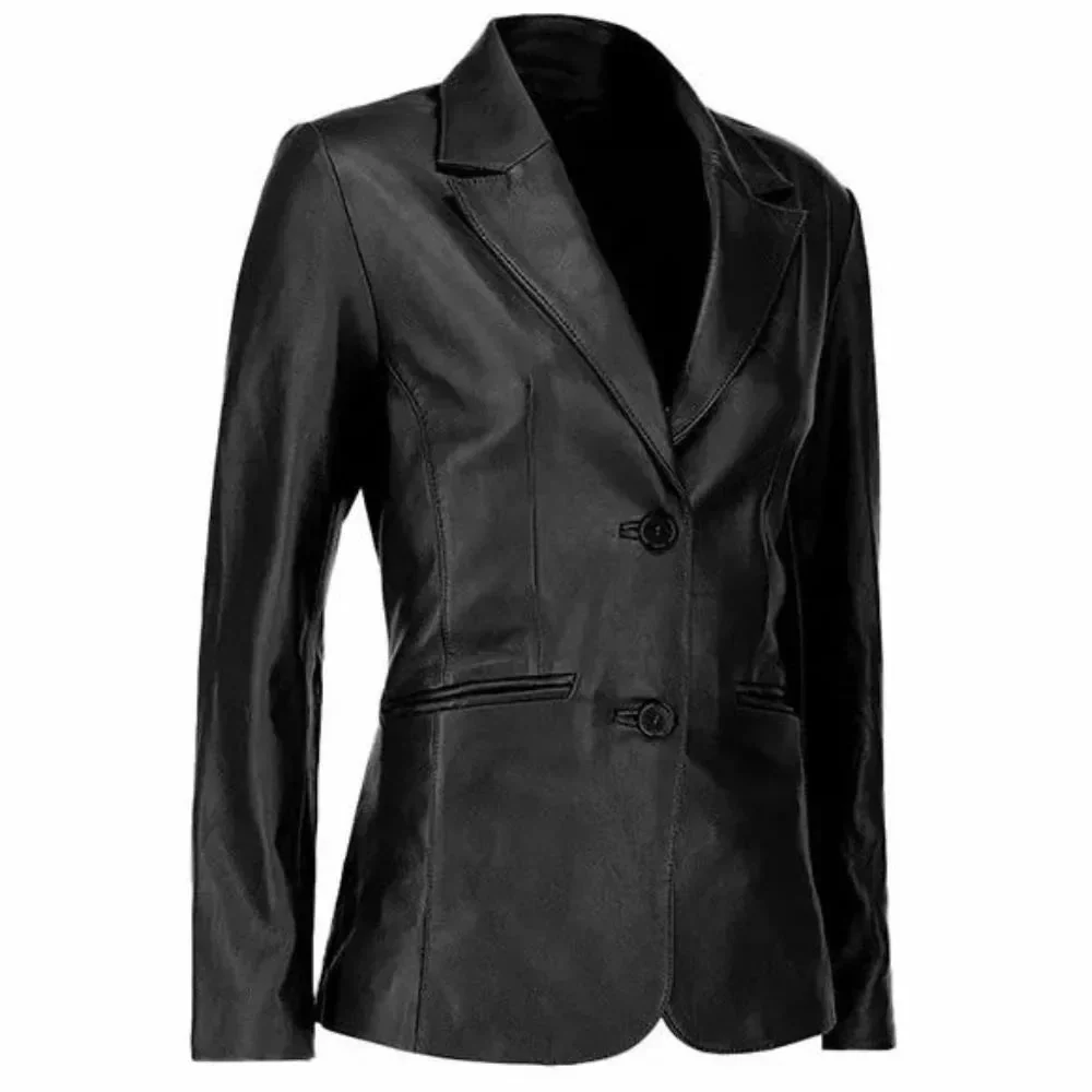 womens two button real black leather blazer
