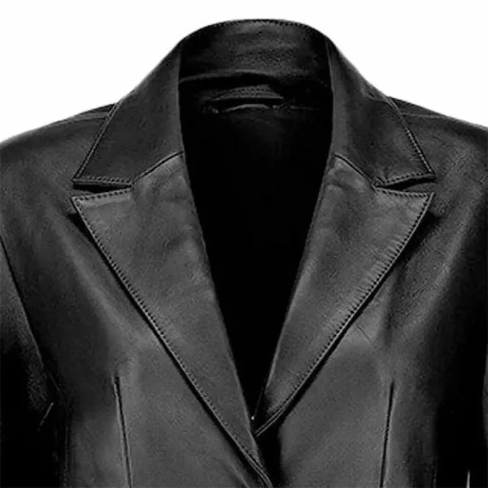 womens two button real black leather blazer