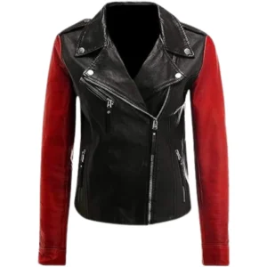 slim fit two tone asymmetrical biker leather motorcycle jacket women