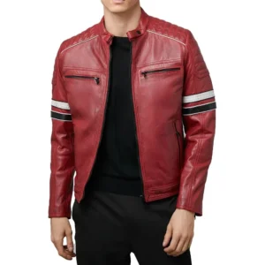 madrid mens quilted red leather racing jacket with stripes