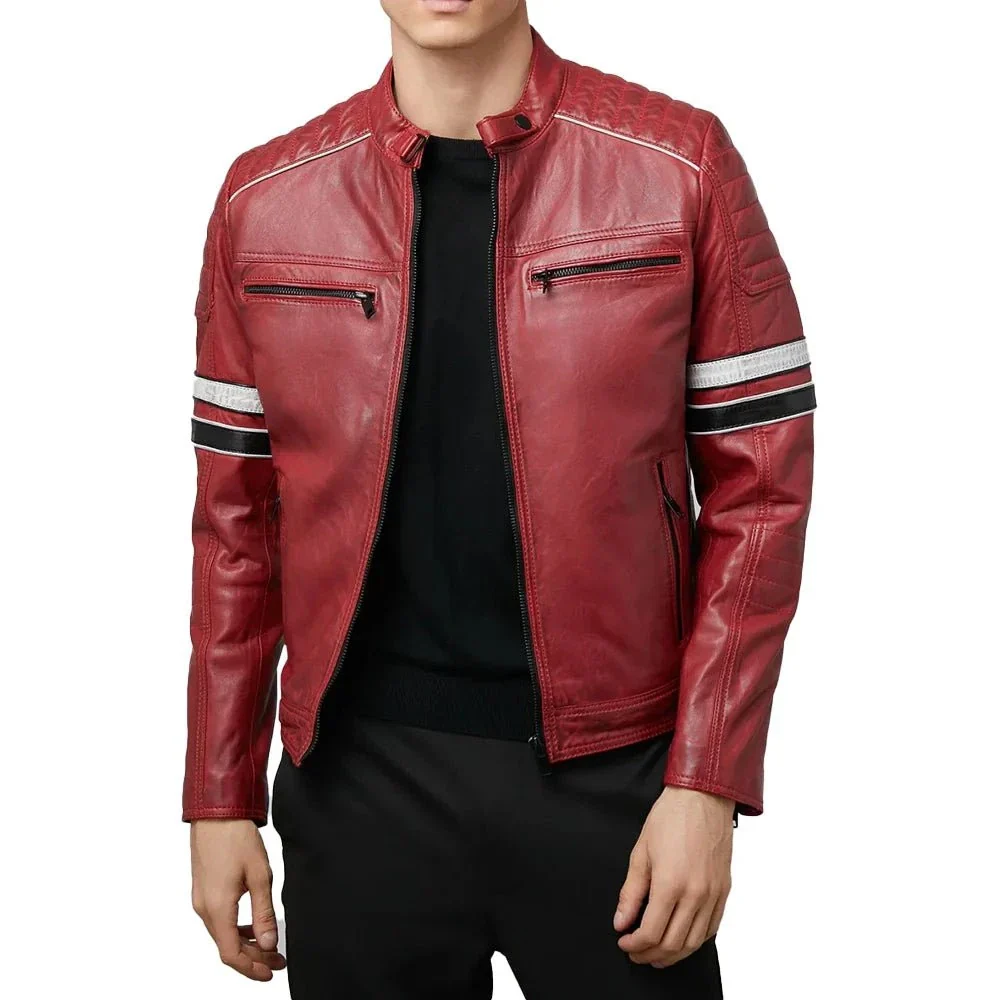 madrid mens quilted red leather racing jacket with stripes