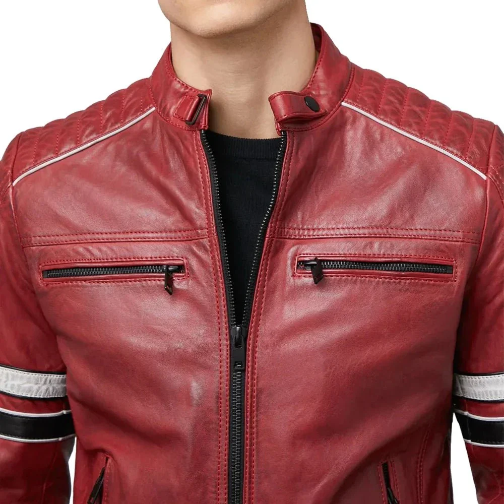 madrid mens quilted red leather racing jacket with stripes