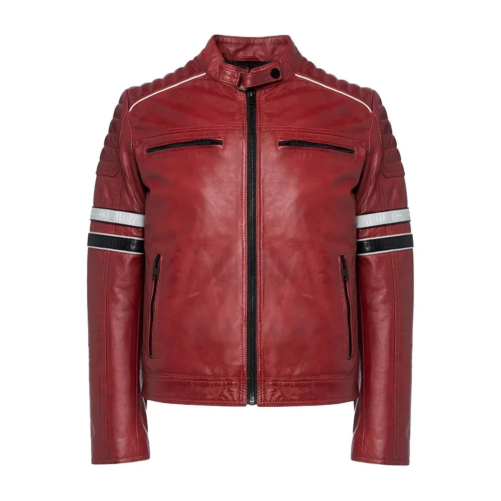 madrid mens quilted red leather racing jacket with stripes