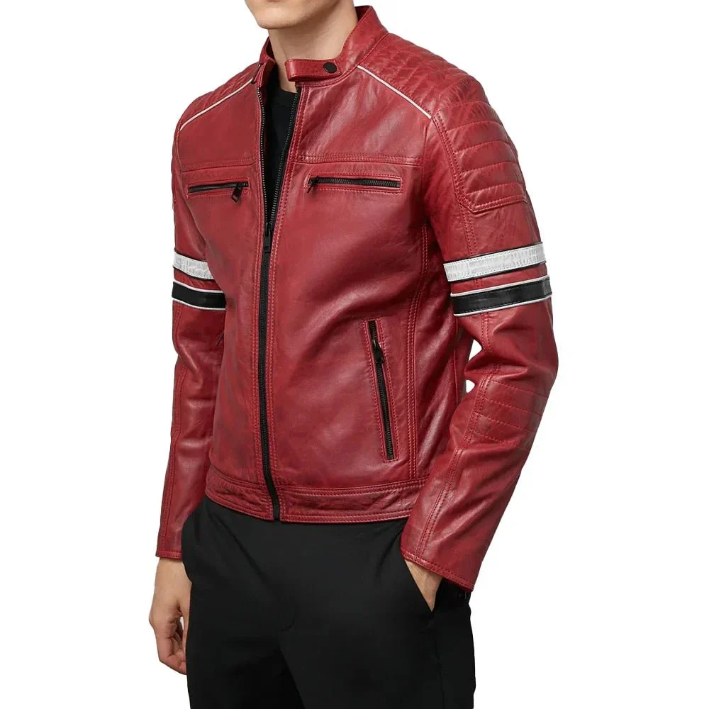 madrid mens quilted red leather racing jacket with stripes