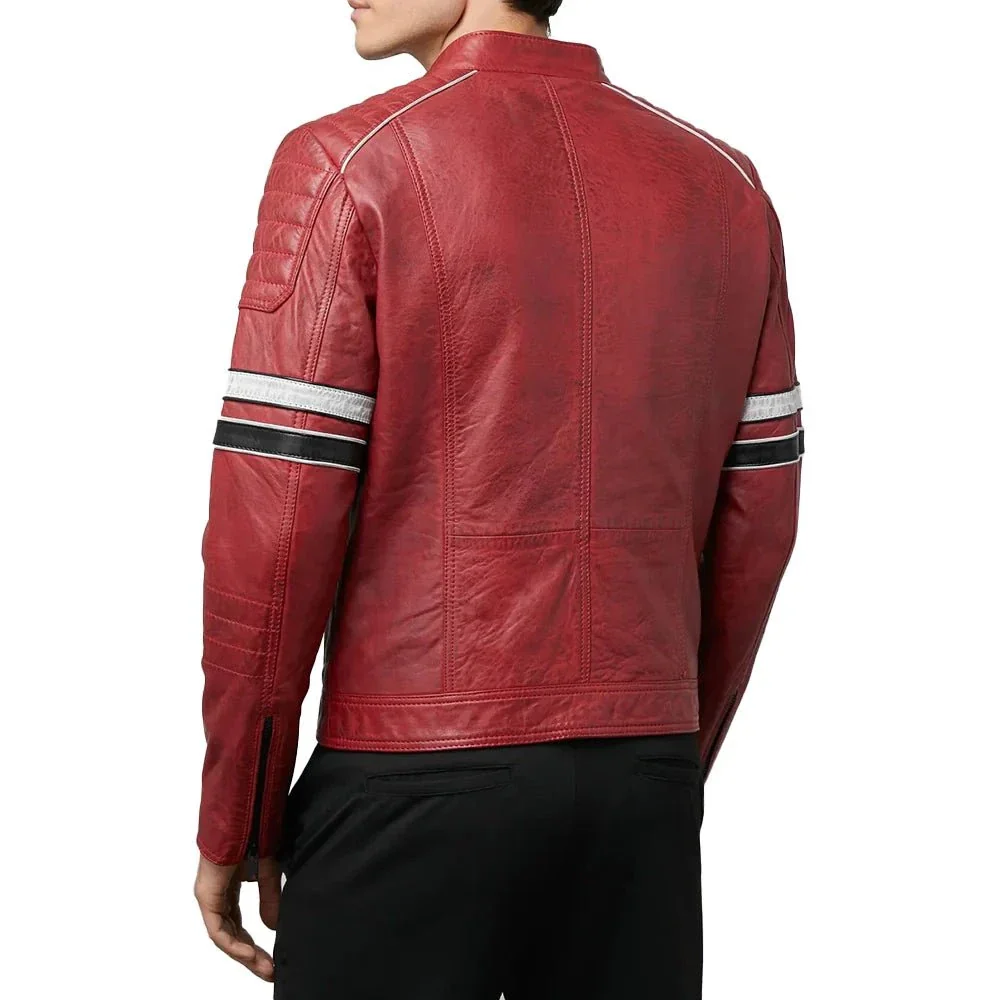 madrid mens quilted red leather racing jacket with stripes