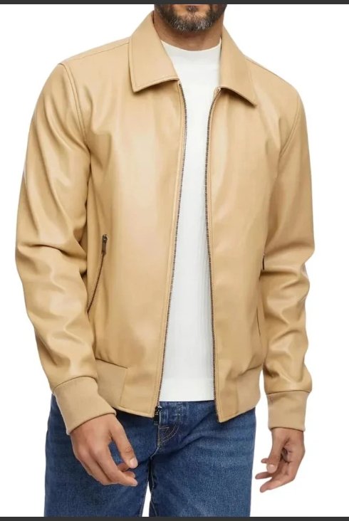 men’s beige bomber leather shirt jacket