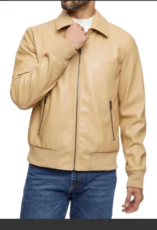 men’s beige bomber leather shirt jacket