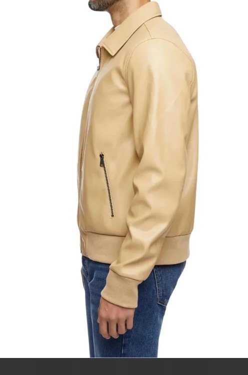 men’s beige bomber leather shirt jacket