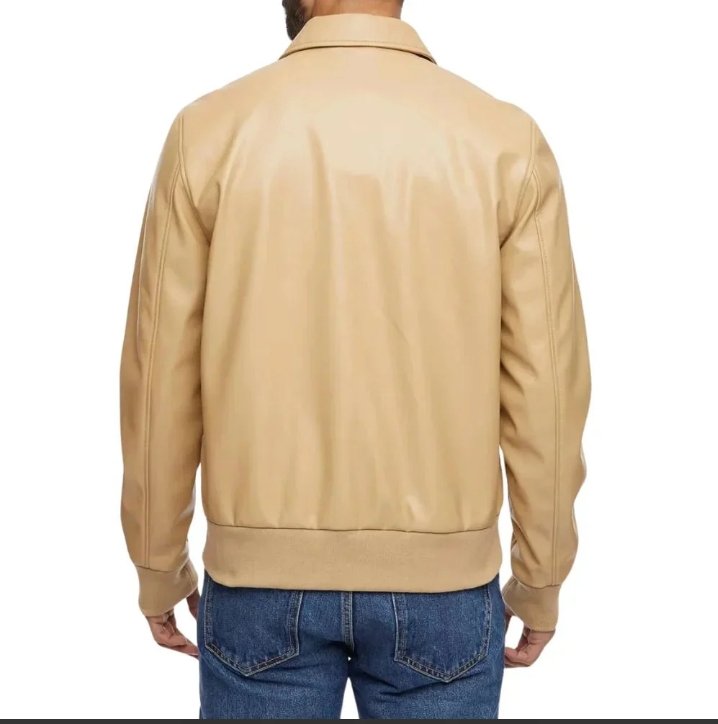 men’s beige bomber leather shirt jacket