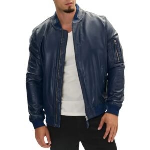 men's navy blue real leather bomber jacket