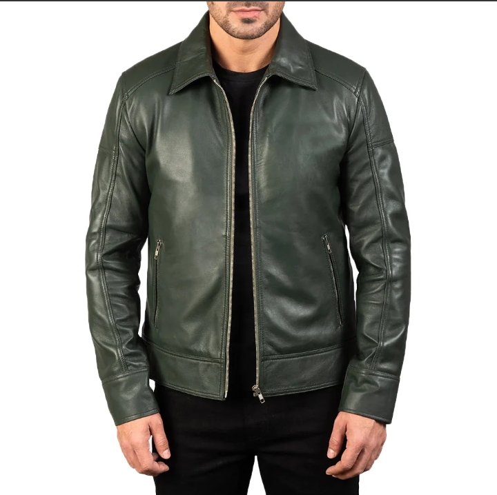 mens' green shirt collar real leather biker jacket