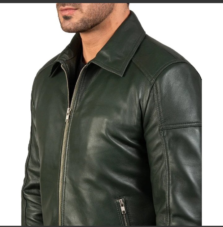 mens' green shirt collar real leather biker jacket
