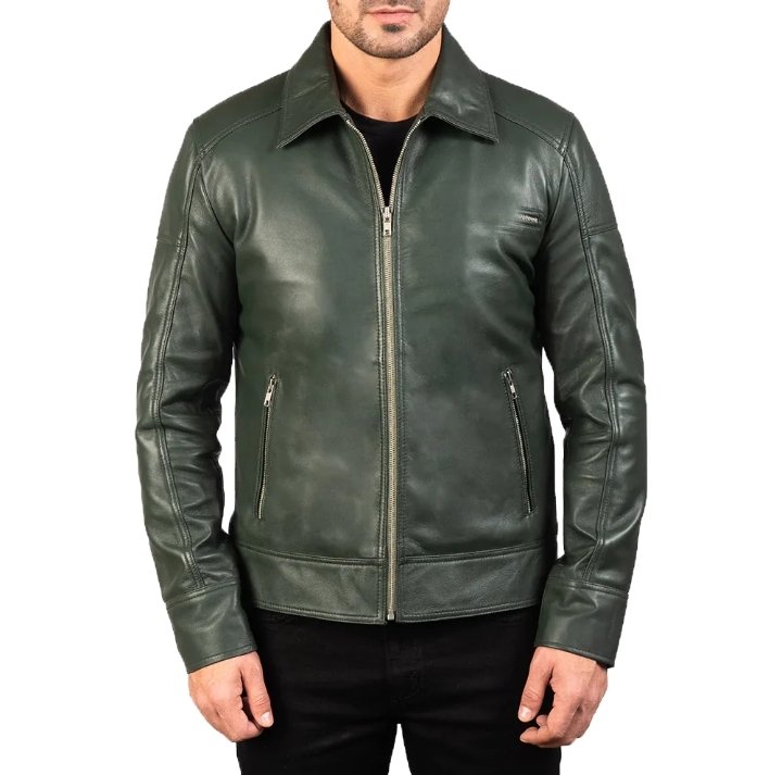 mens' green shirt collar real leather biker jacket