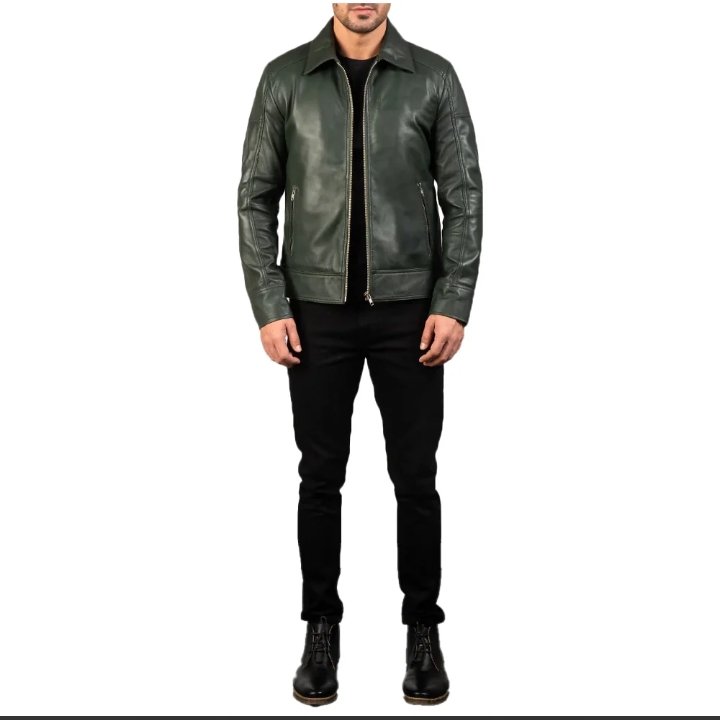 mens' green shirt collar real leather biker jacket