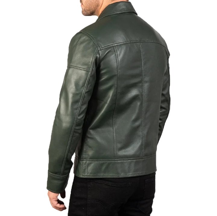 mens' green shirt collar real leather biker jacket