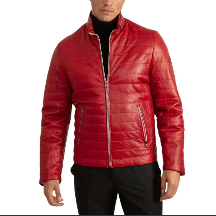 men's red leather lambskin puffer jacket