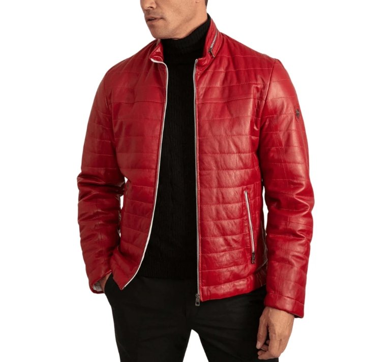 men's red leather lambskin puffer jacket
