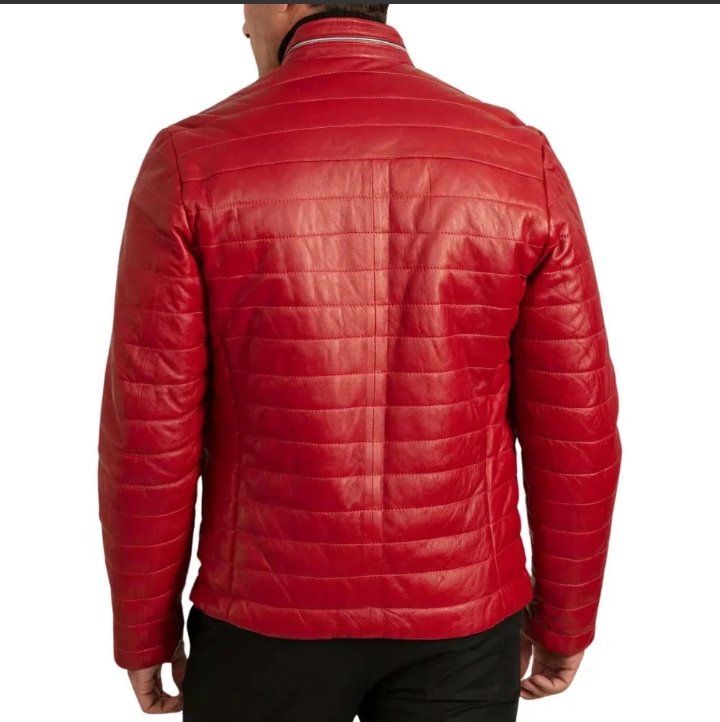 men's red leather lambskin puffer jacket