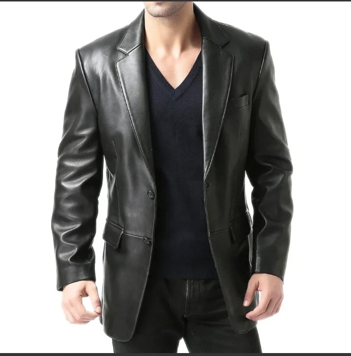 men's two button real lambskin black leather blazer