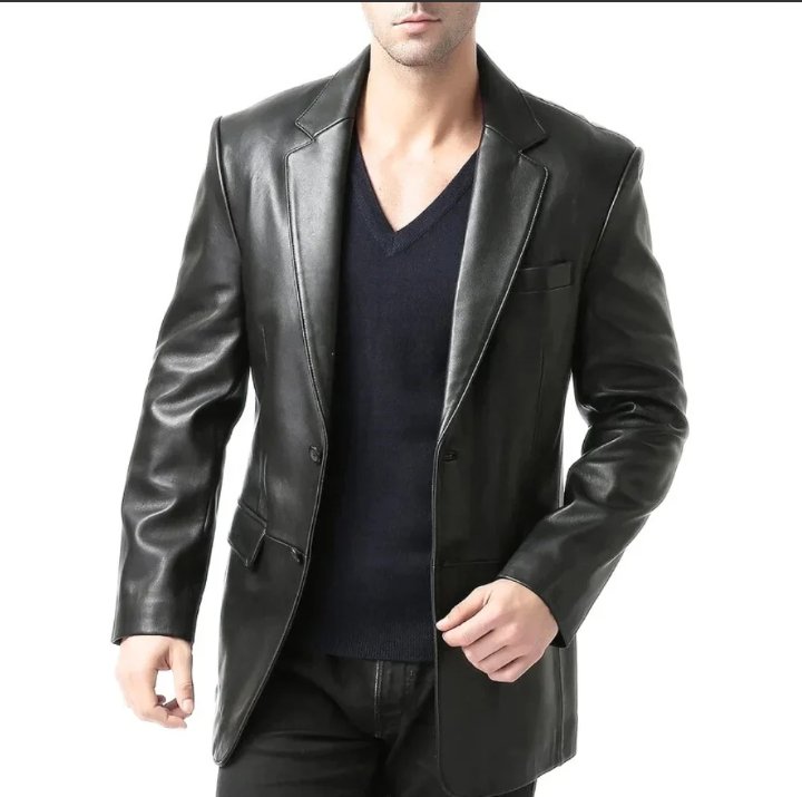 men's two button real lambskin black leather blazer