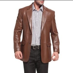 mens notched lapel two button brown leather blazer