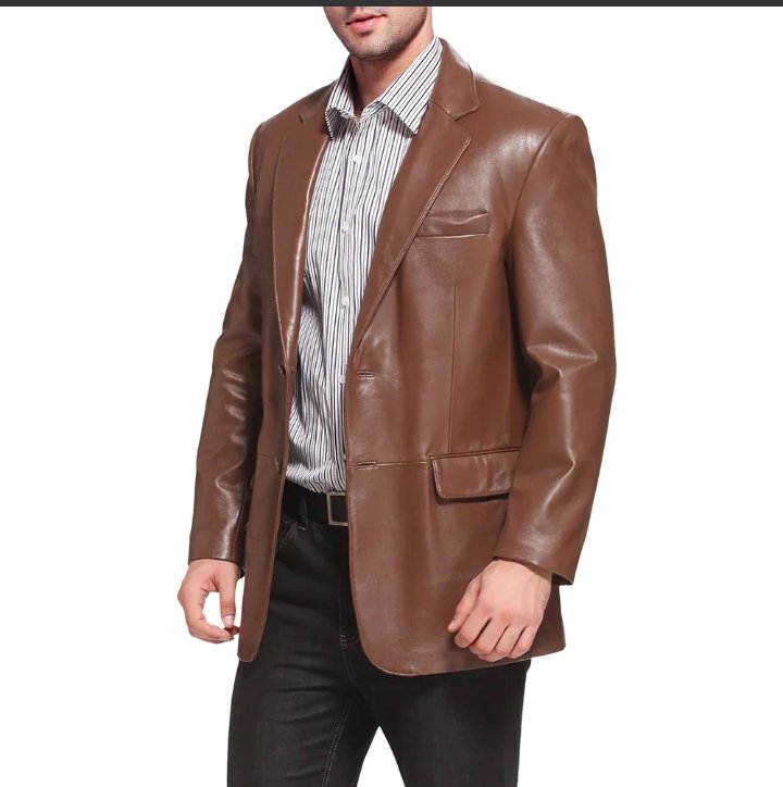 mens notched lapel two button brown leather blazer