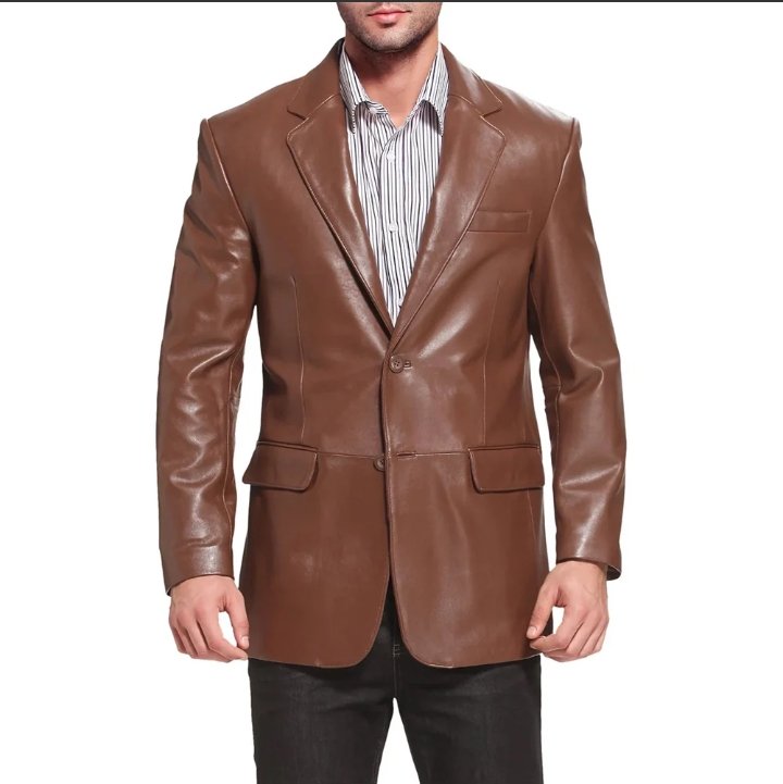 mens notched lapel two button brown leather blazer