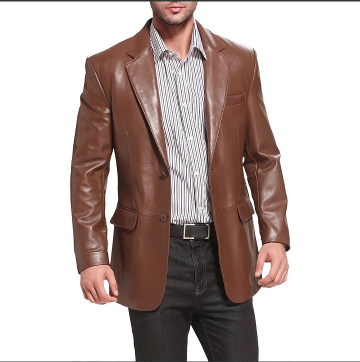 mens notched lapel two button brown leather blazer