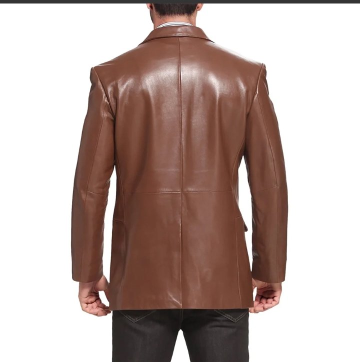mens notched lapel two button brown leather blazer