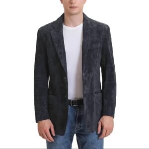 classic slim fit two button mens blue leather blazer