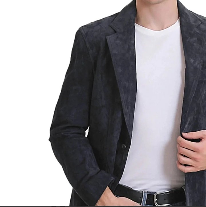 classic slim fit two button mens blue leather blazer