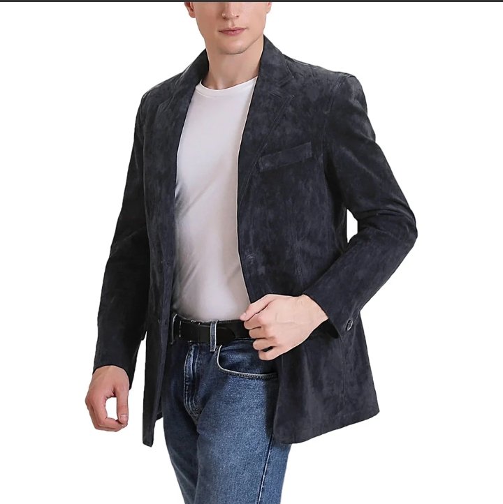classic slim fit two button mens blue leather blazer
