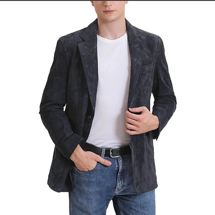 classic slim fit two button mens blue leather blazer