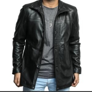murphy men's real lambskin black leather car coat 3/4 length coat