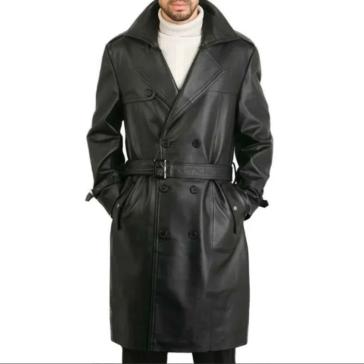mens double breasted black lambskin leather trench coat