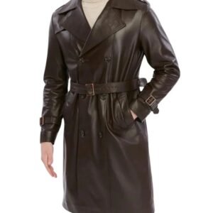 men's double breasted brown trench leather coat