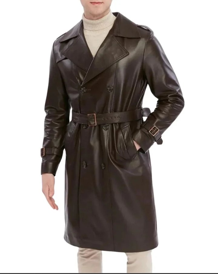 men's double breasted brown trench leather coat