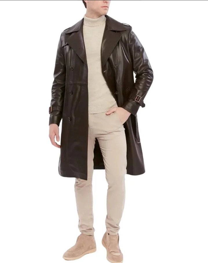men's double breasted brown trench leather coat