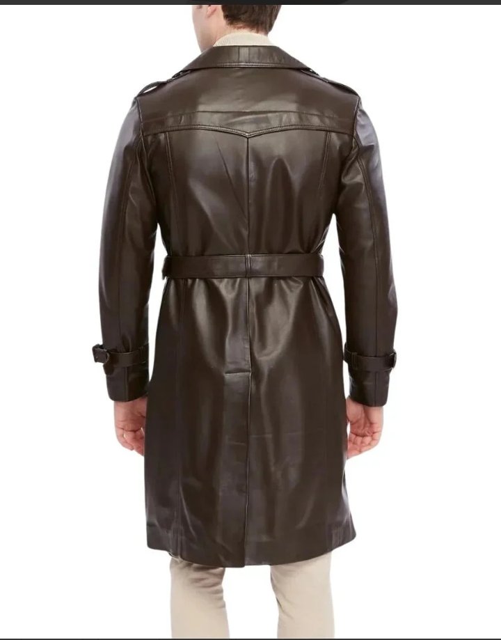 men's double breasted brown trench leather coat