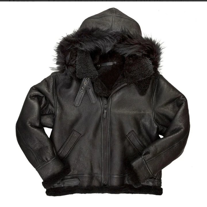 mens black hooded b3 shearling aviator leather bomber jacket