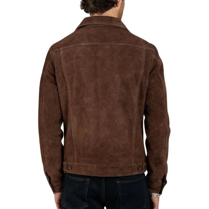 james men's shirt collar dark brown suede leather trucker jacket