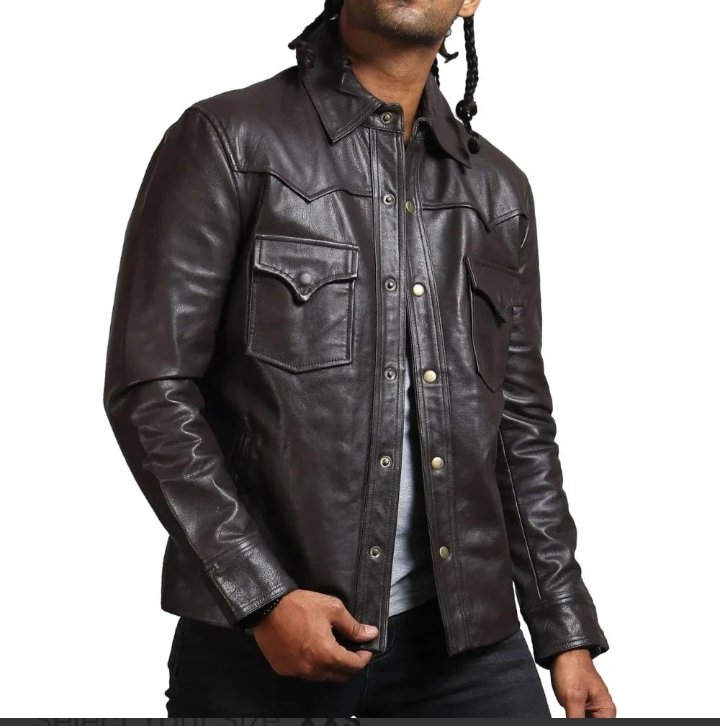 men's governor trucker dark brown leather jacket