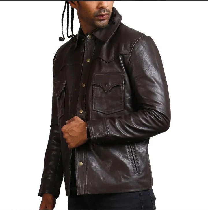 men's governor trucker dark brown leather jacket
