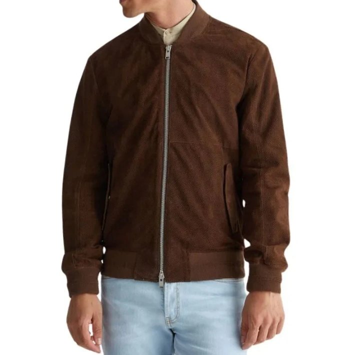 men's dark brown suede leather bomber jacket