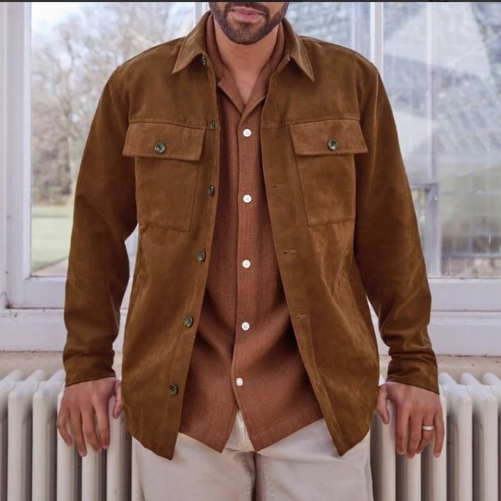 men's shirt style camel brown suede leather trucker jacket