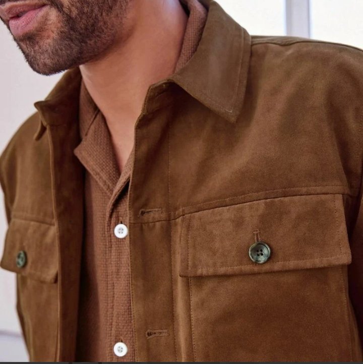 men's shirt style camel brown suede leather trucker jacket