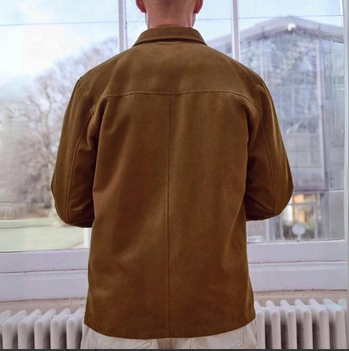 men's shirt style camel brown suede leather trucker jacket